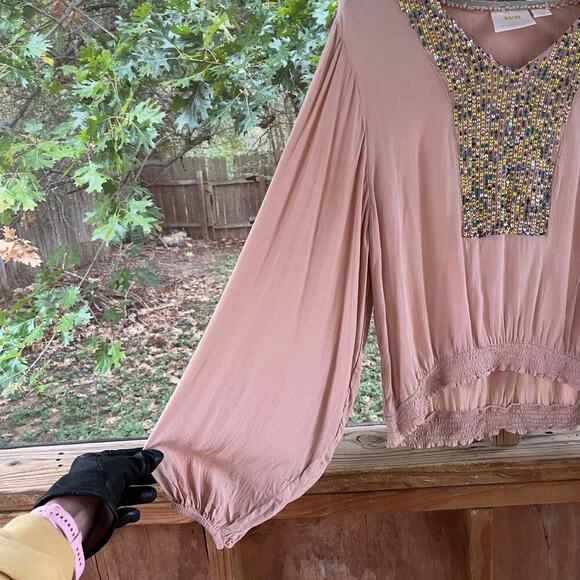 Anthropologie Maeve Kristie Sequined Peasant Blouse Beige Tan Size L - Picture 4 of 8